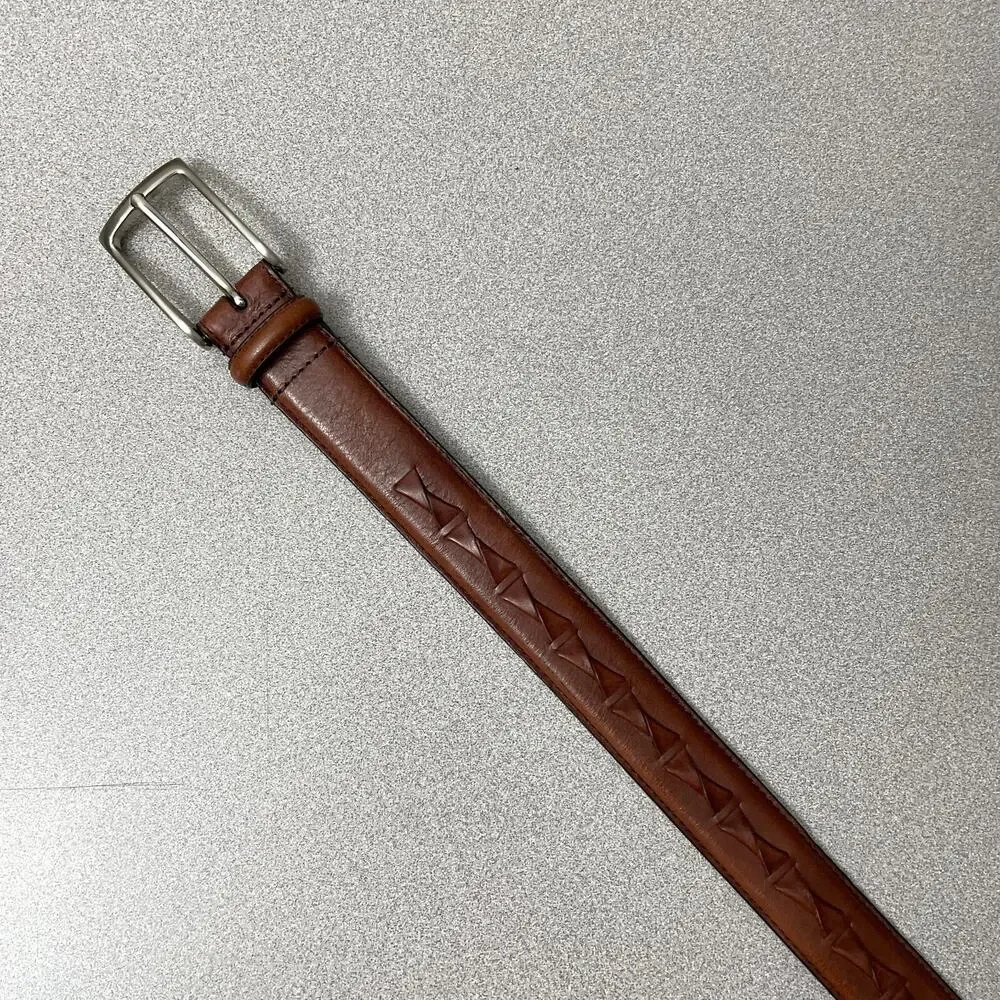 Fossil Brown Leather Belt Mens 38 Silver Buckle Woven 1.25